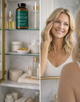 Woman in a bathroom with a bottle of Omegas 3 supplement on a shelf.