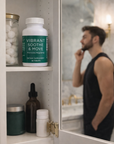 Bathroom cabinet with supplements and a bottle labeled 'Vibrant Soothe & Move'.