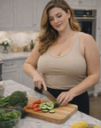 Woman cutting vegetables on a wooden cutting board in a kitchen.