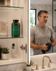 Man standing in a bathroom looking at a cabinet with a bottle labeled 'DIGEST' by Vibrant Health.