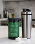 Vibrant Creatine supplement container and shaker on a kitchen counter