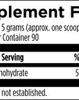 Supplement facts label for creatine monohydrate with serving size and container information.
