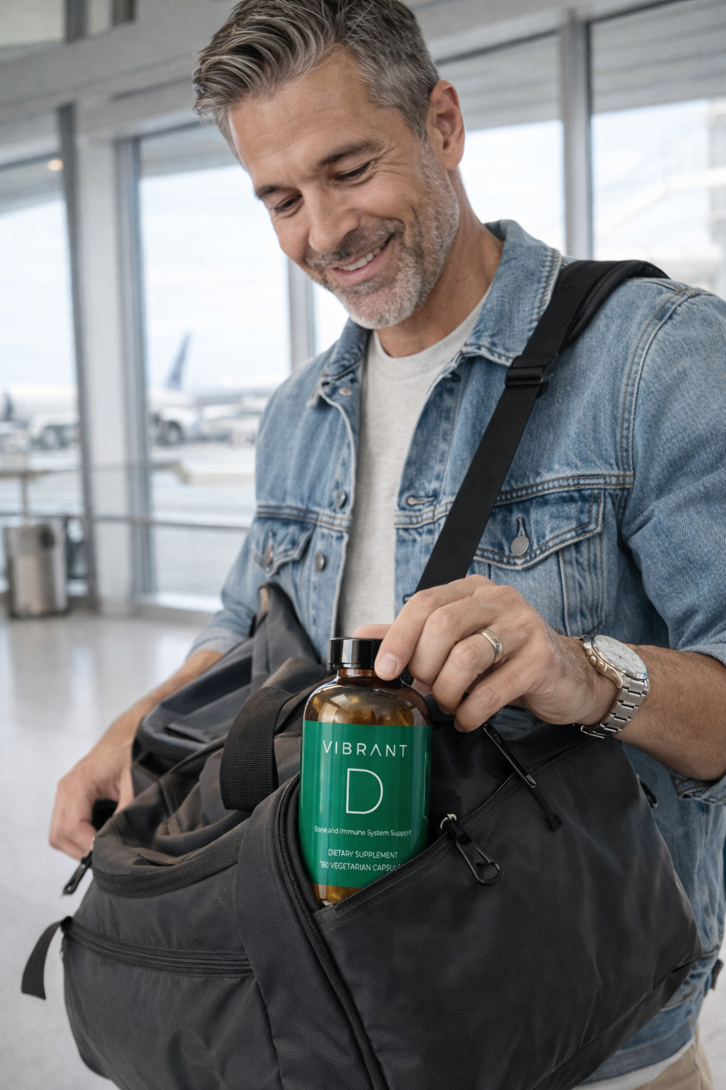 Man in an airport holding a bottle labeled 'Vibrant D' and a bag.
