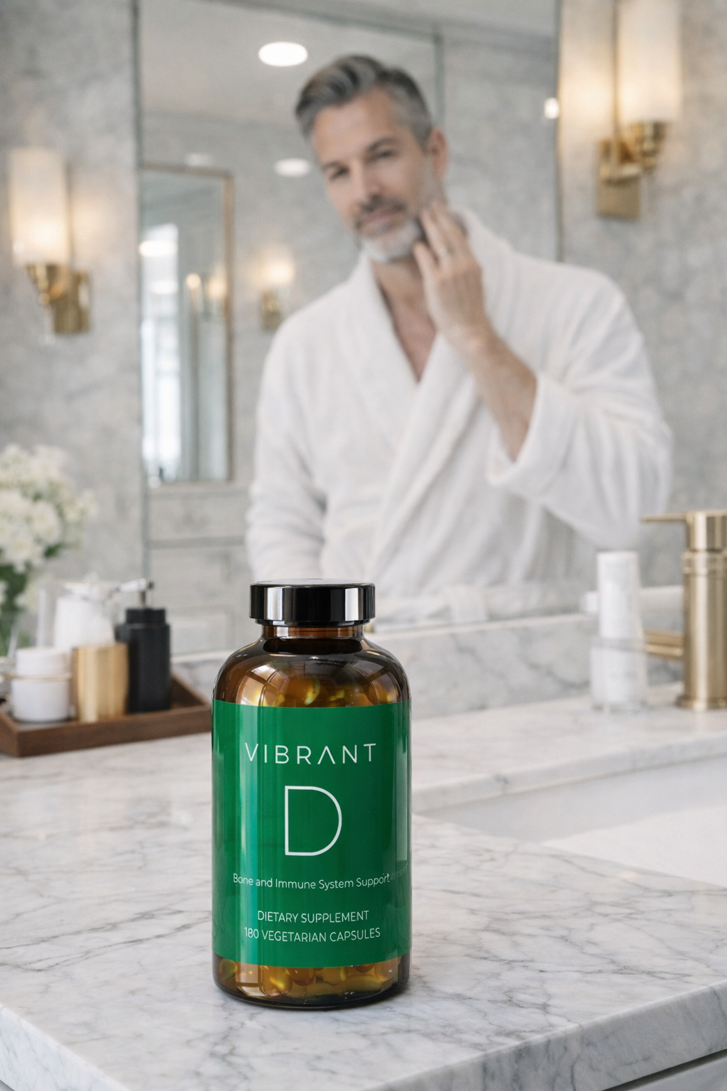 Man in a bathroom applying cream to his face with a bottle of 'Vibrant D' supplements on the counter.