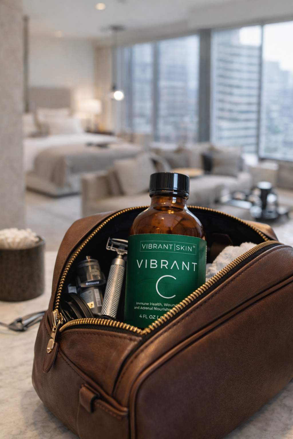 Vibrant Skin bottle in a brown leather toiletry bag with a modern room in the background