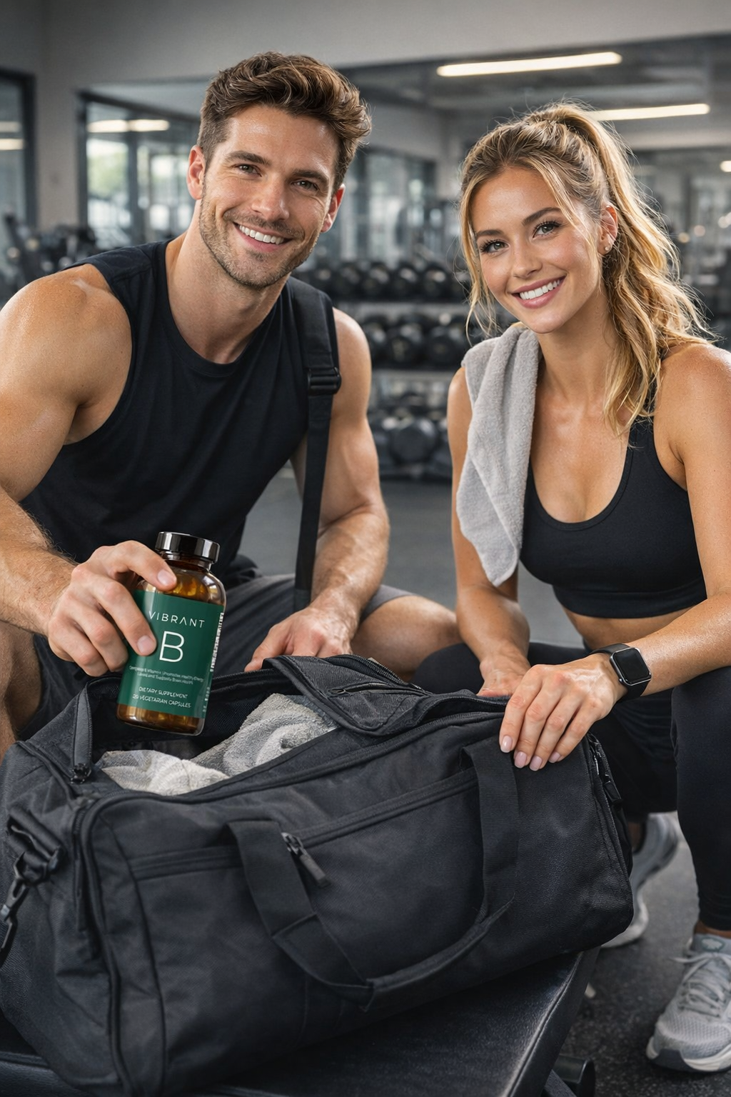 Man and woman in a gym setting with a supplement bottle and bag.