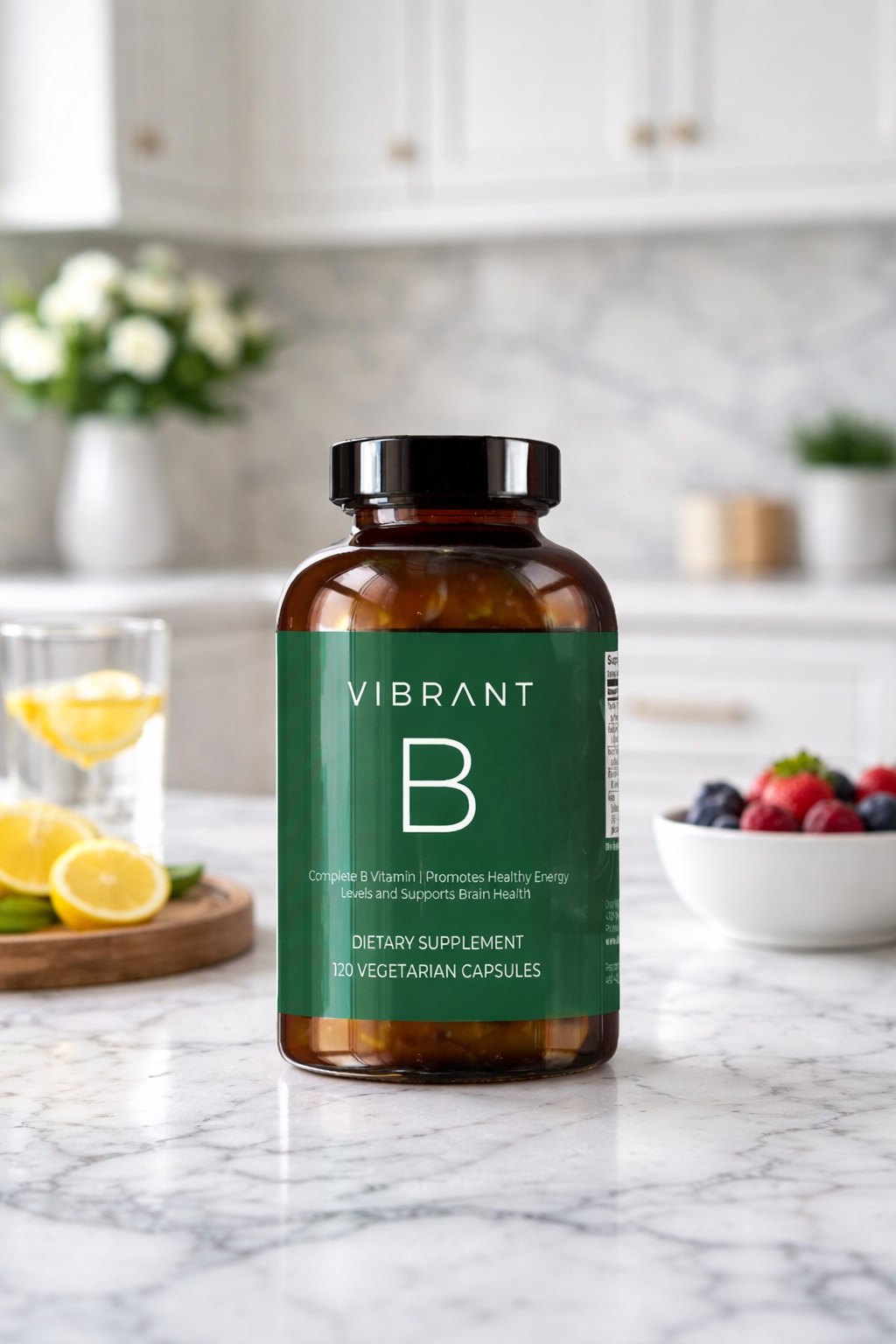 Supplement bottle labeled 'Vibrant B' on a kitchen counter with lemons and berries in the background.
