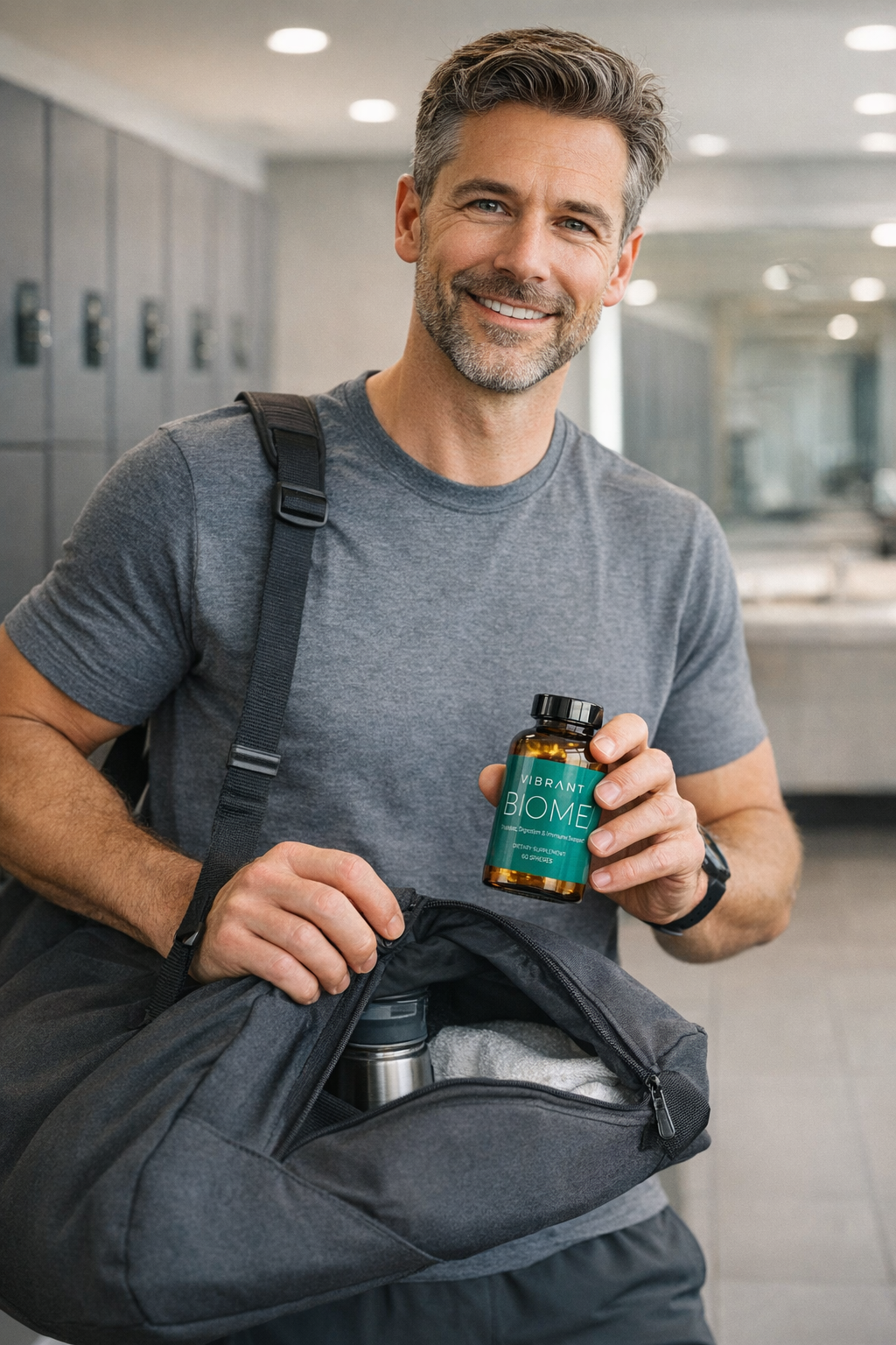 Man holding a bottle of Biome supplements in a locker room.