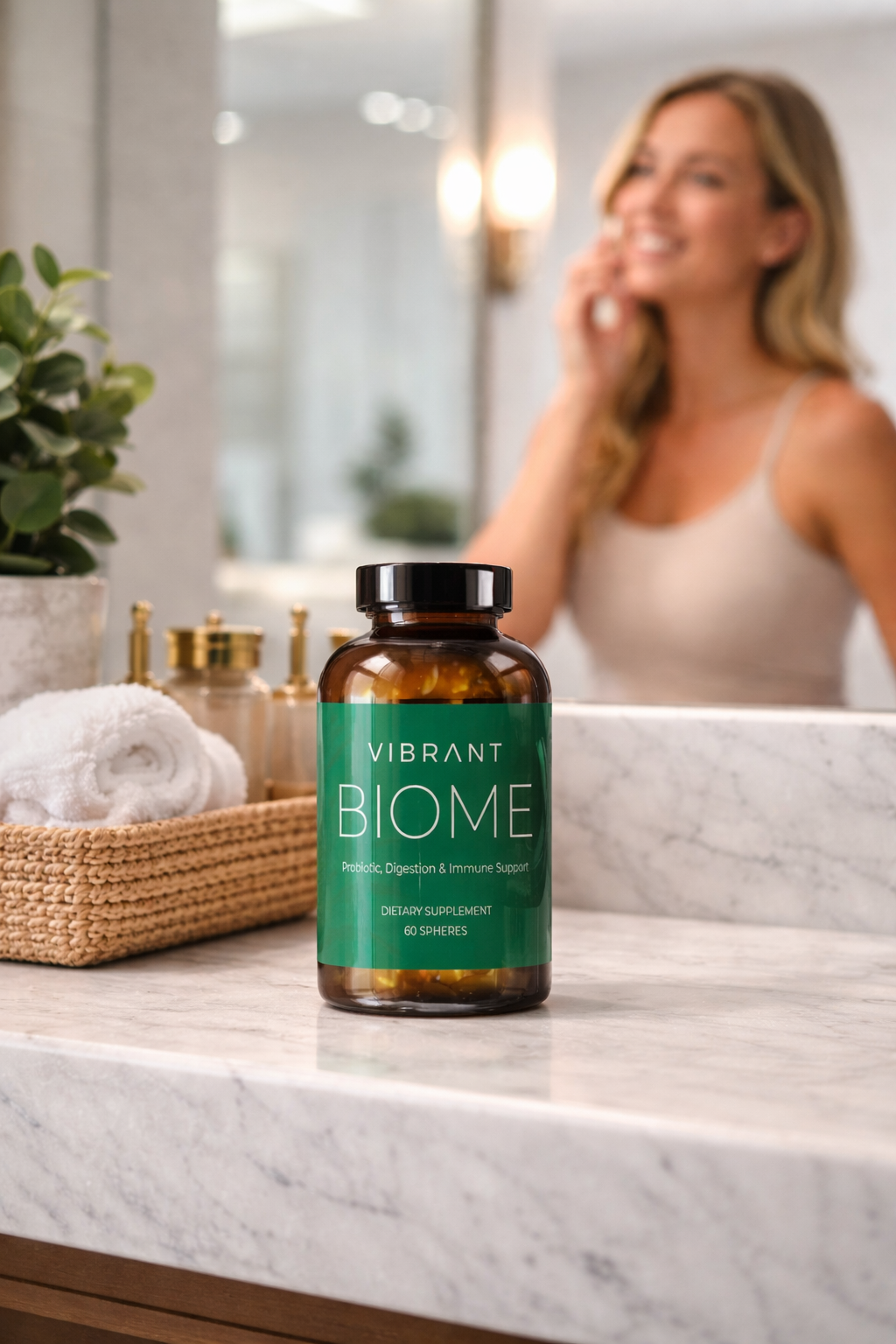 Bottle of Vibrant Biome supplement on a bathroom counter with a woman in the background.