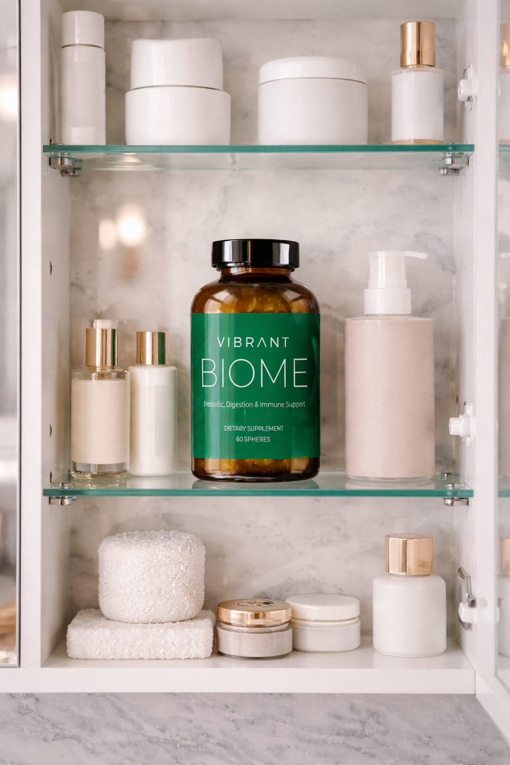 Bottle of 'Vibrant Biome' on a shelf with skincare products