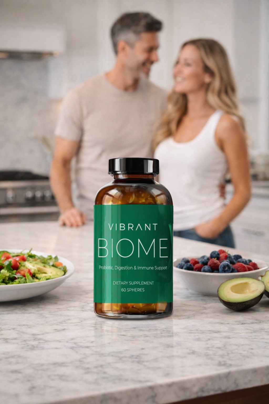 Vibrant Biome supplement bottle on a kitchen counter with a couple in the background
