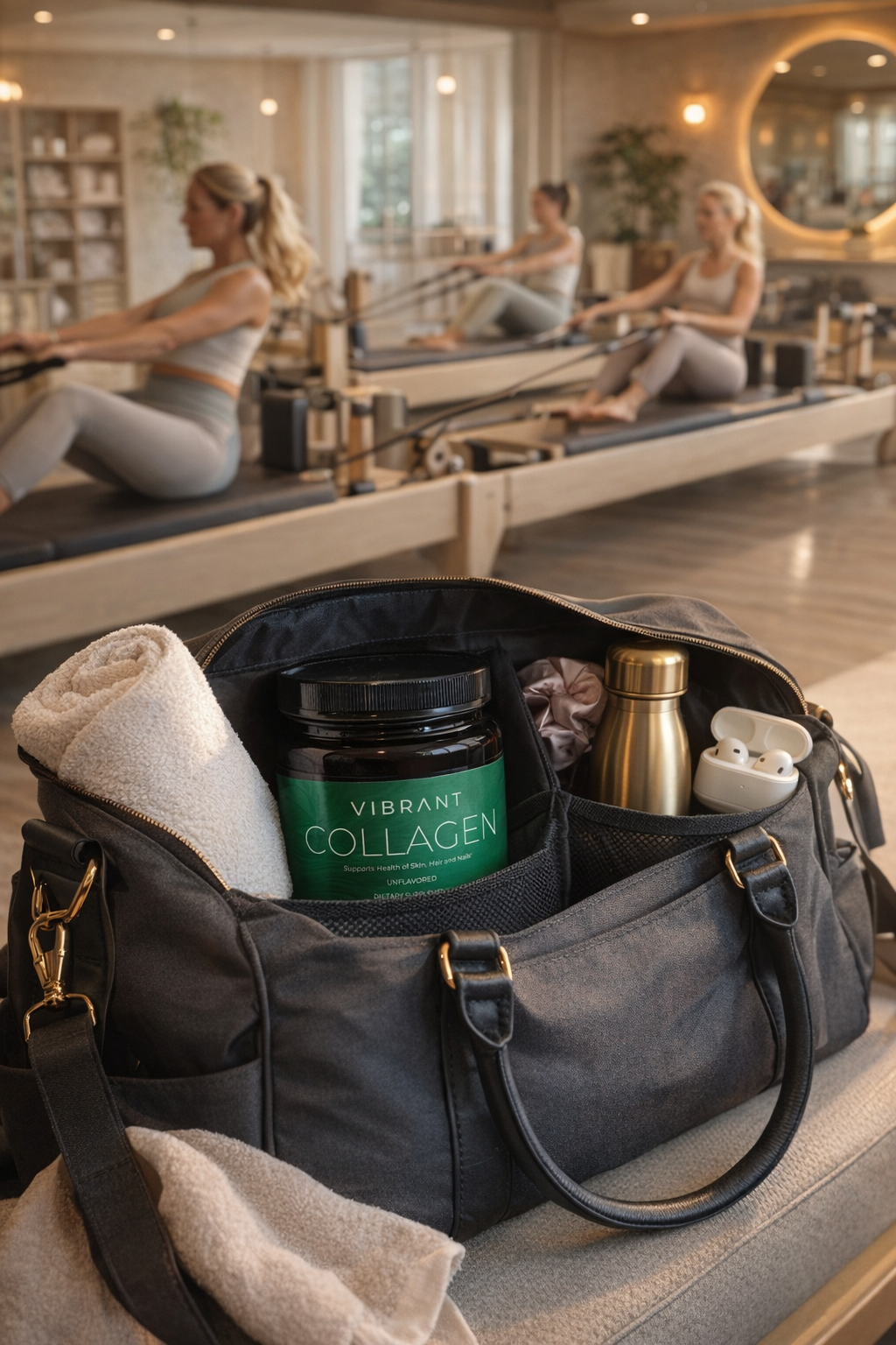 Black duffel bag with 'Vibrant Collagen' container, towel, and water bottle on a Pilates reformer machine.