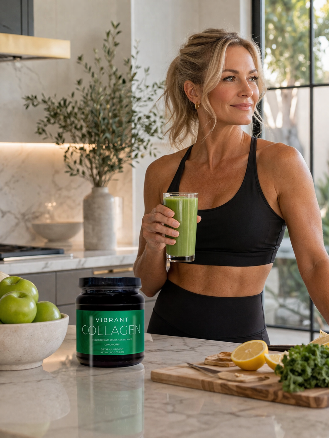 Woman holding a green smoothie in a kitchen with a Vibrant Collagen container.