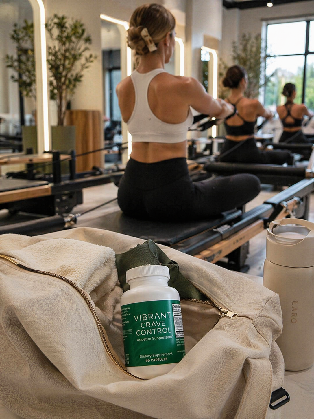 Middle-aged woman working out in a modern gym with a Vibrant Crave Control bottle visible inside an open gym bag in the foreground.