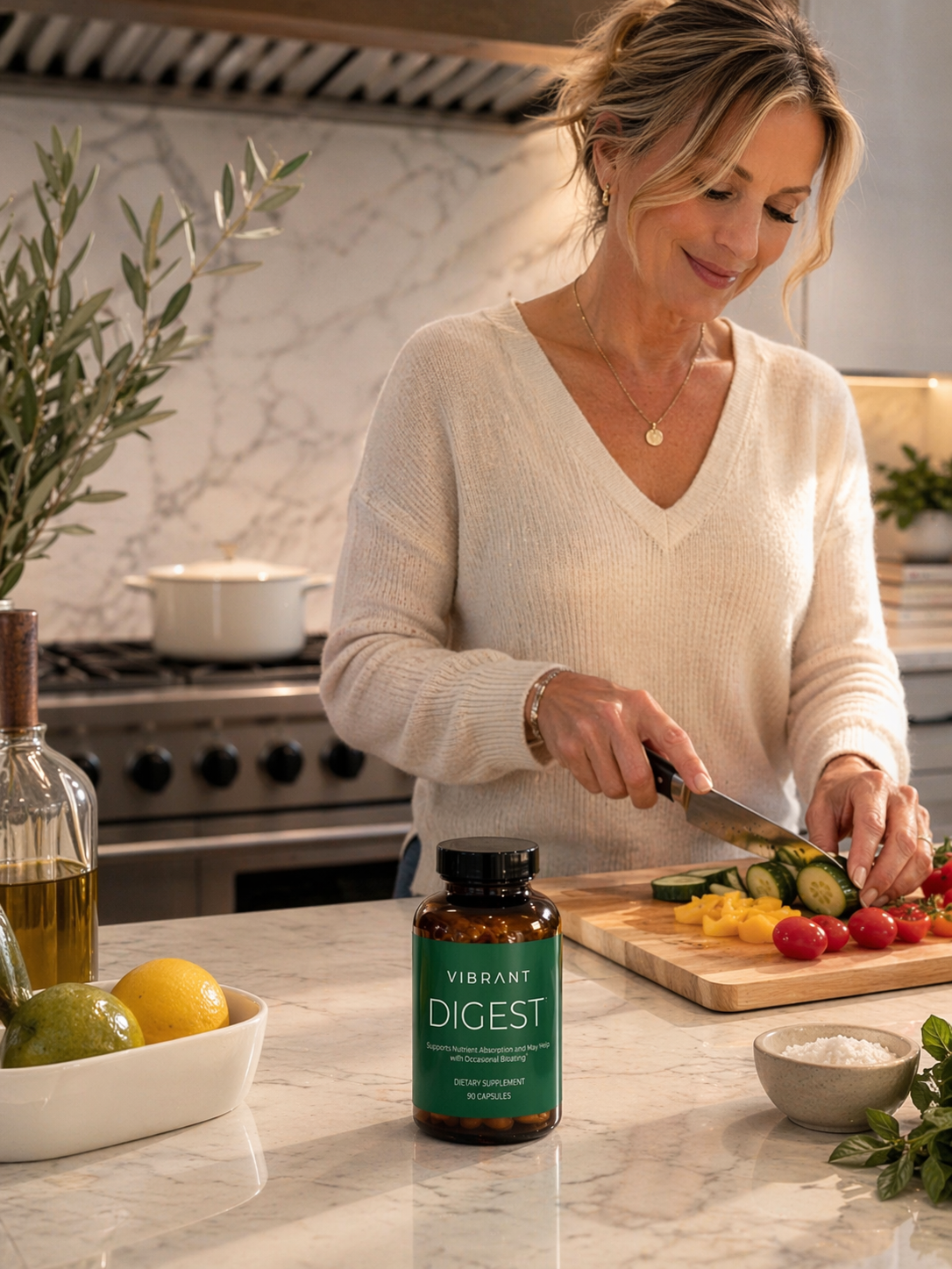 Woman preparing food in a kitchen with a bottle of Vibrant Digest on the counter.