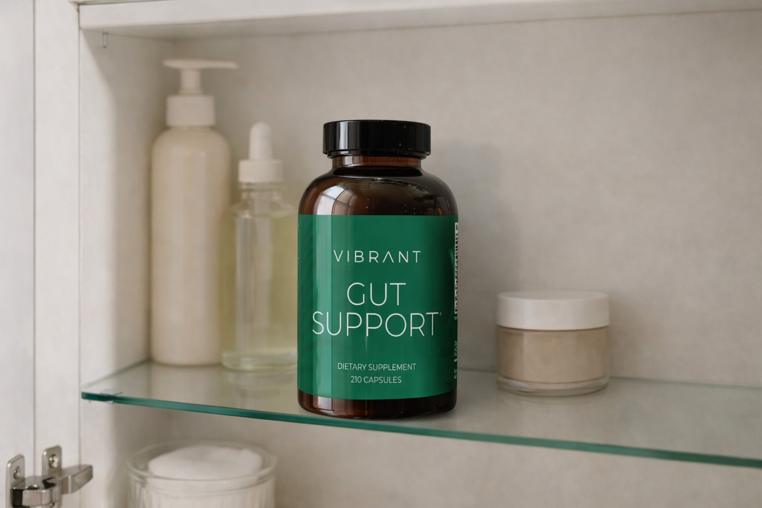Vibrant Gut Support supplement bottle on a shelf with other products