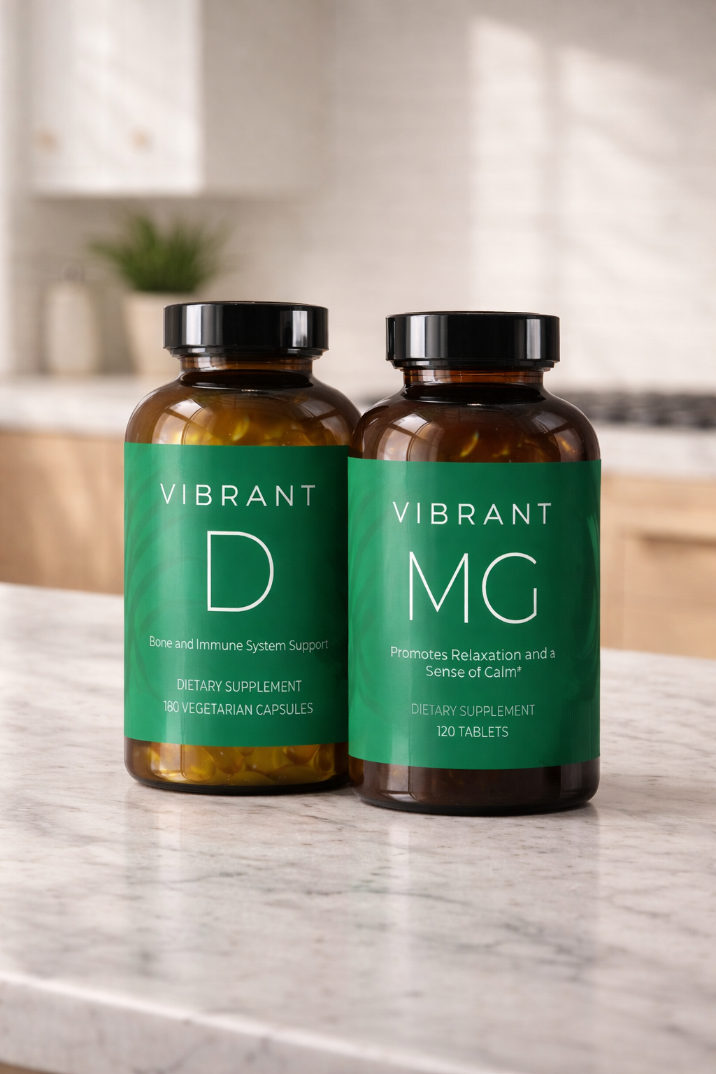 Two bottles of 'Vibrant' supplements on a kitchen counter.