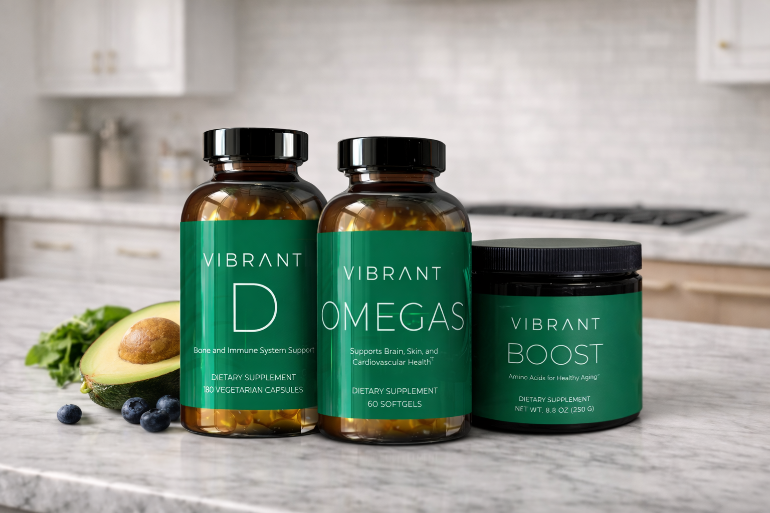 Three supplement containers labeled 'Vibrant D', 'Vibrant Omegas', and 'Vibrant Boost' on a kitchen counter.