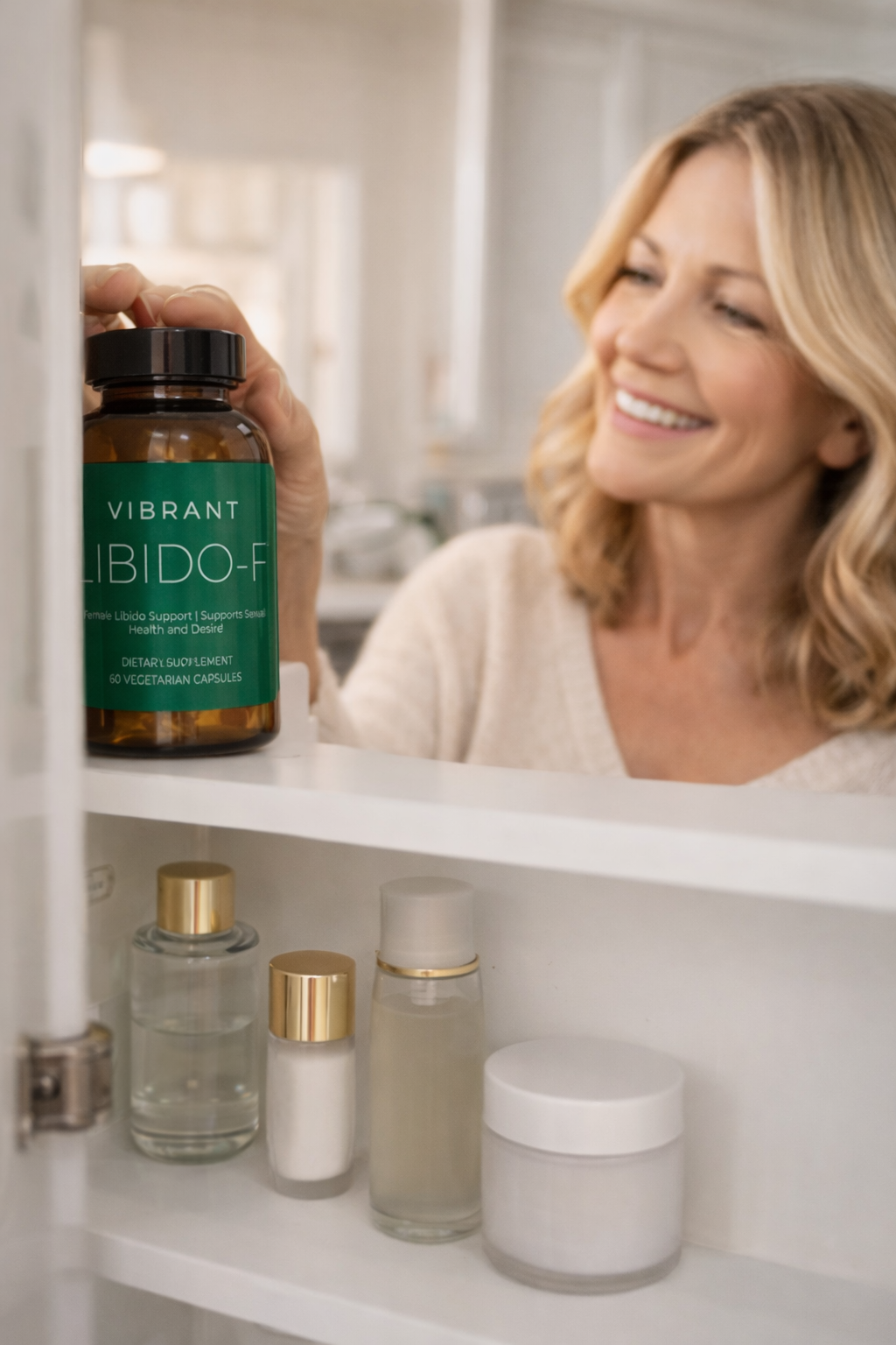 Woman holding a bottle of 'Vibrant Libido-F' supplements in a bathroom setting.