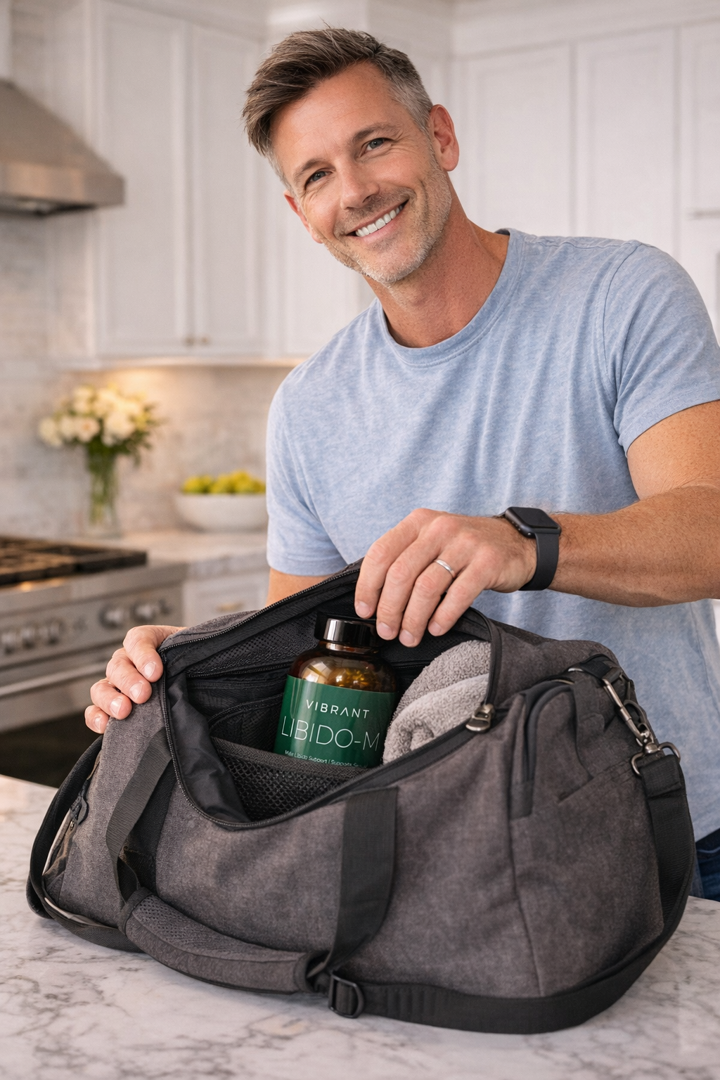 Man holding a gray duffel bag with a bottle of 'Vibrant Libido' in a kitchen.