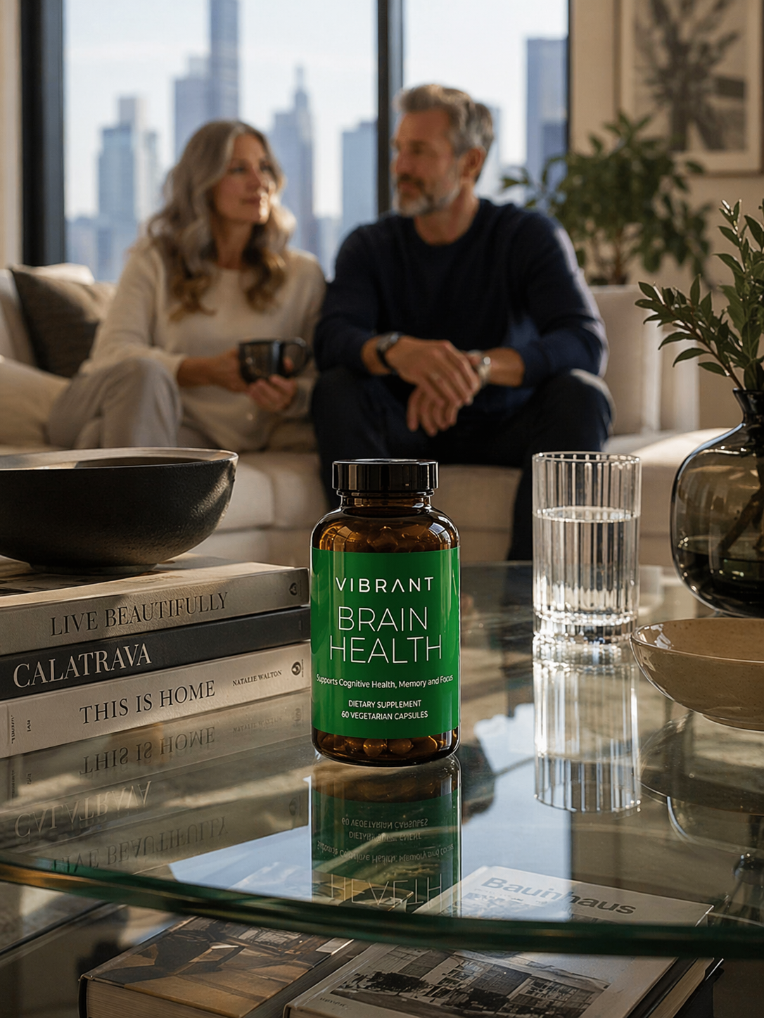 Bottle of Vibrant Brain Health supplement on a glass table with a cityscape in the background