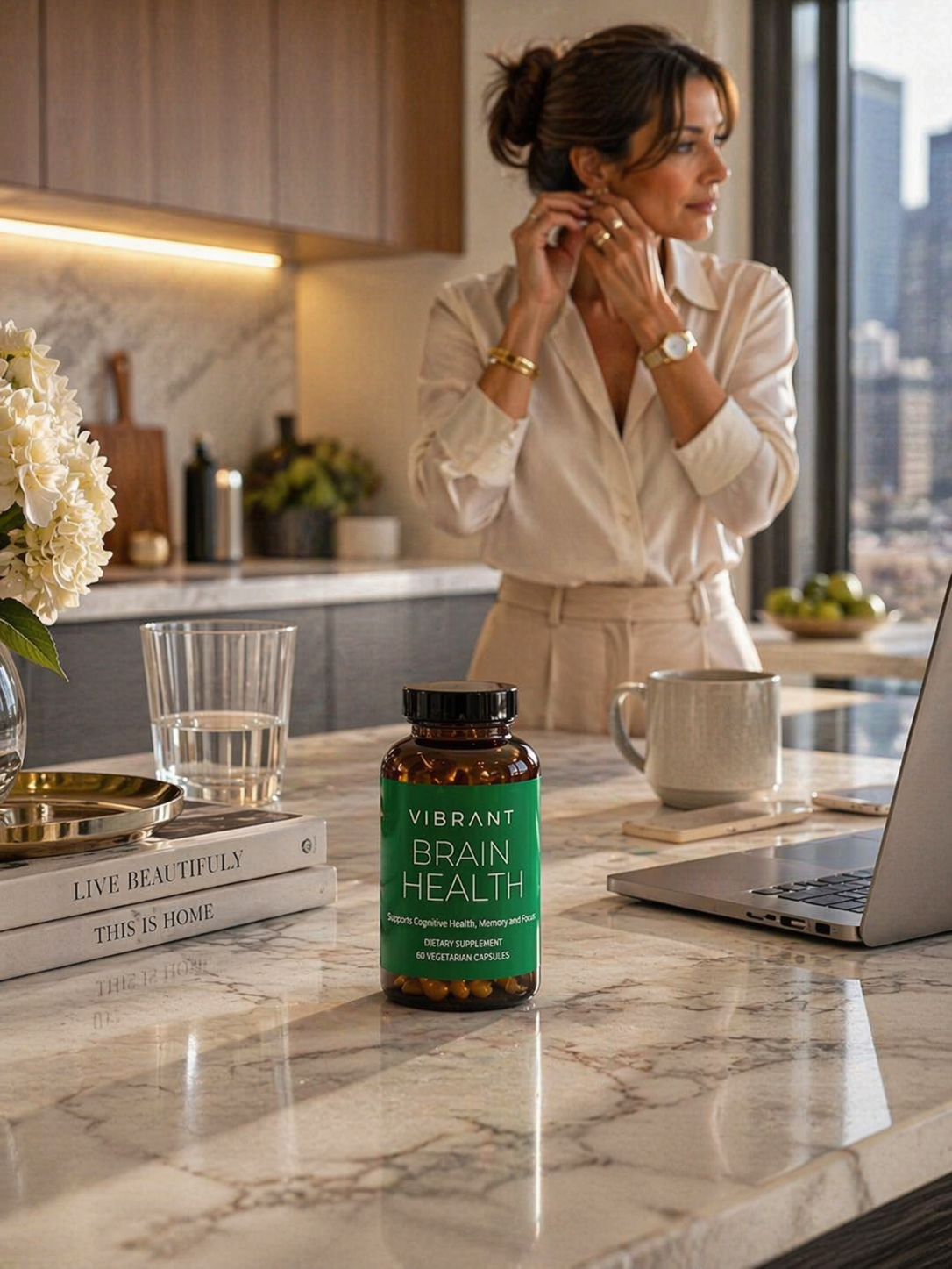 Woman in a kitchen with a bottle of Vibrant Brain Health supplements on the counter.