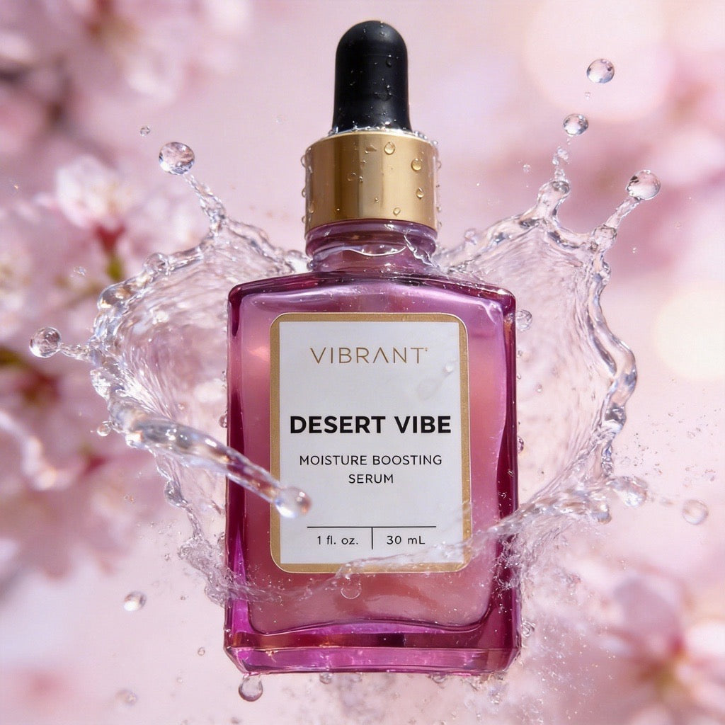 Vibrant Desert Vibe moisture boosting serum bottle with cherry blossoms in the background
