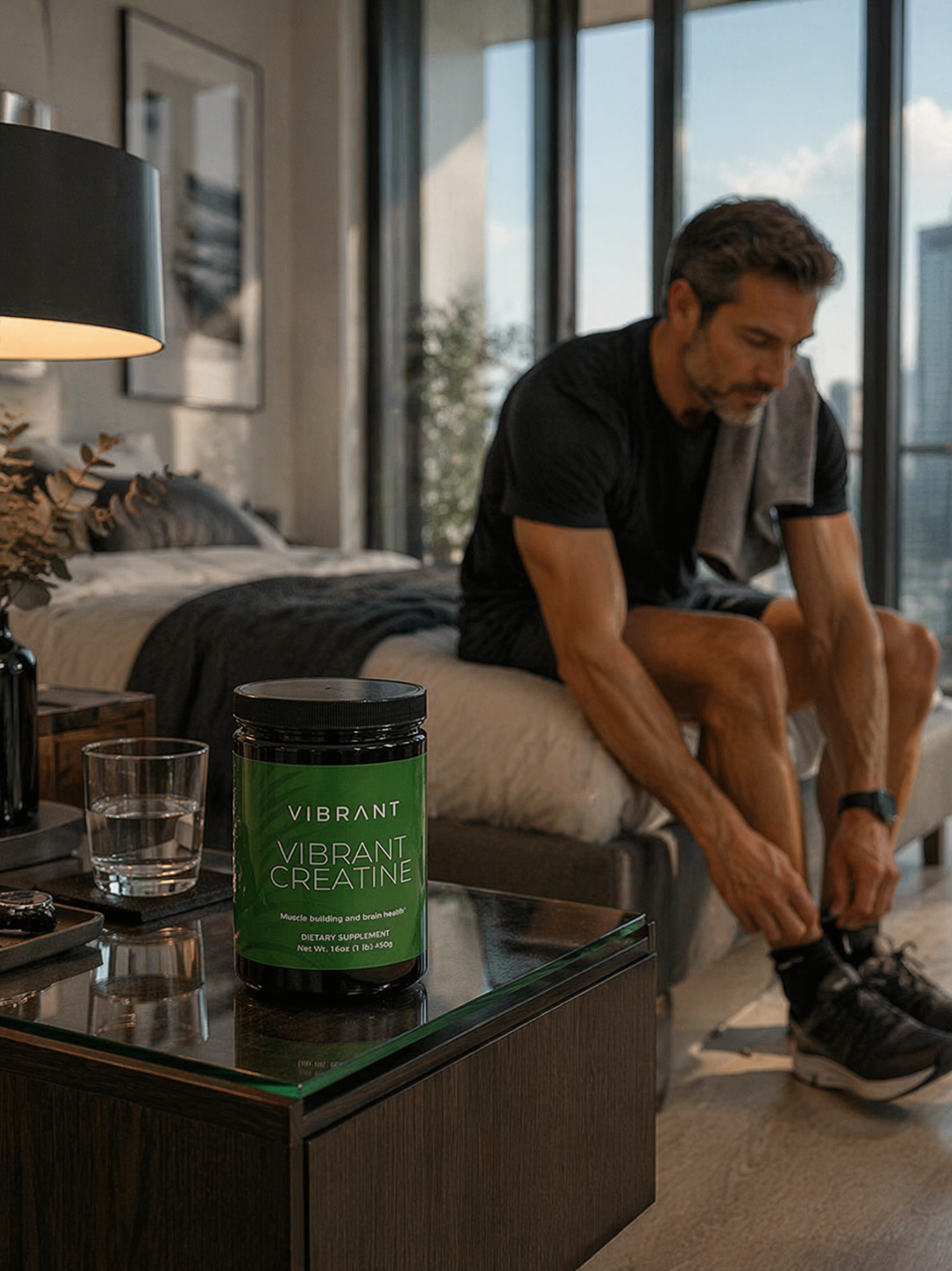 Man sitting on a bed in a modern bedroom with a 'Vibrant' supplement container on a nightstand.