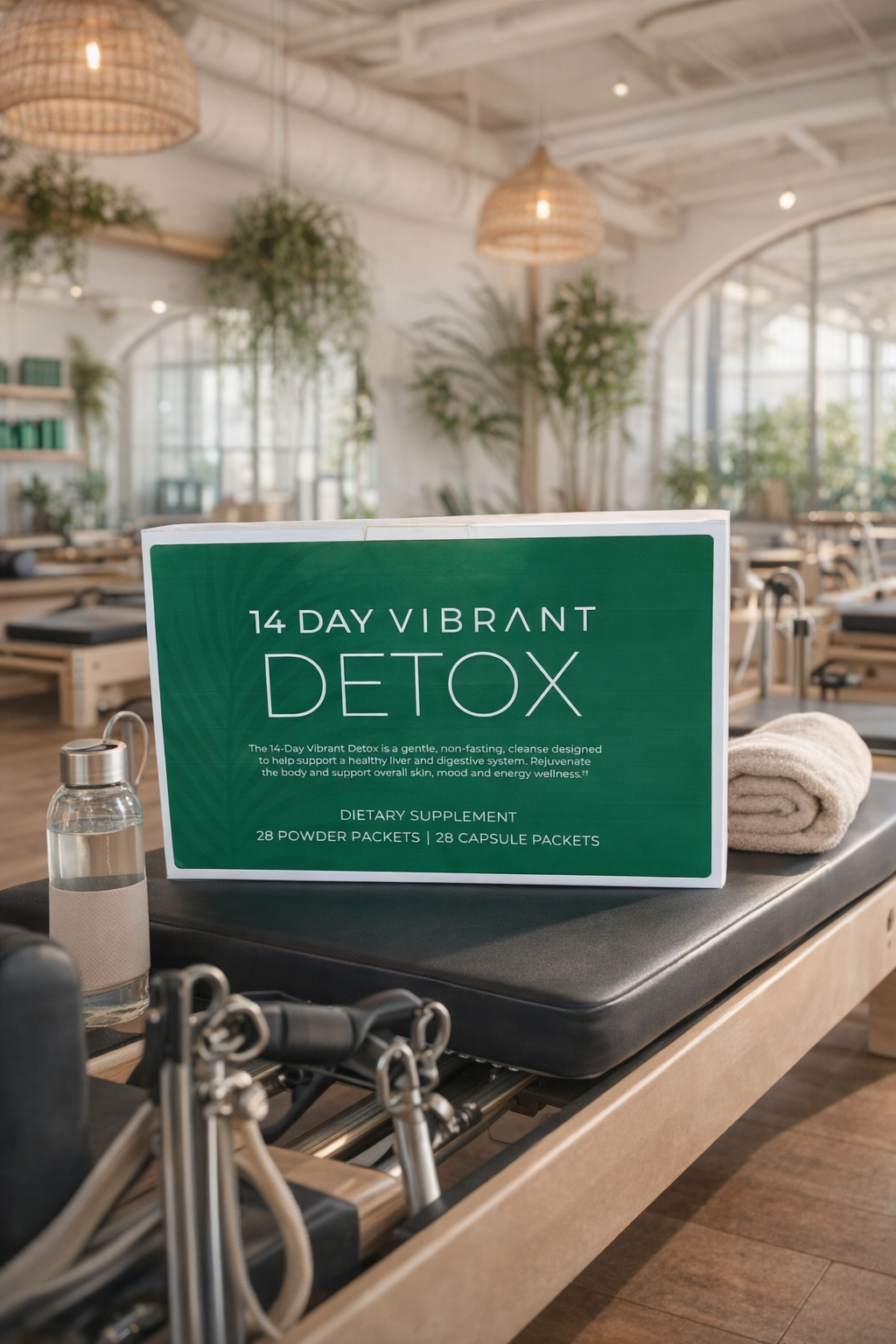 Detox supplement package on a reformer machine in a bright, modern room with plants.